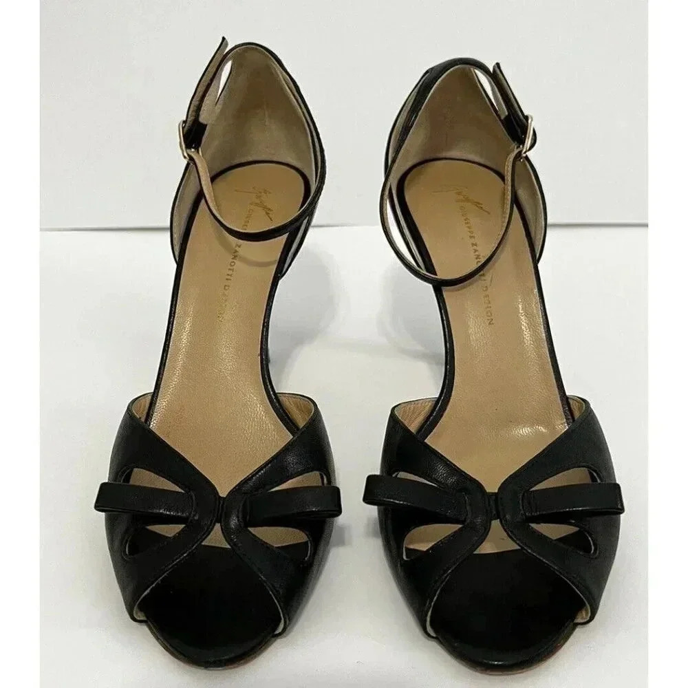 Giuseppe Zanotti High Heels Womens Size 39 8-8.5 Black Ankle Strap Open Toe Bow
